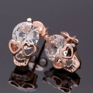 Gothic Skull Earrings Rose Gold Tone Stud Punk Rhinestone Crystal Heart Gift